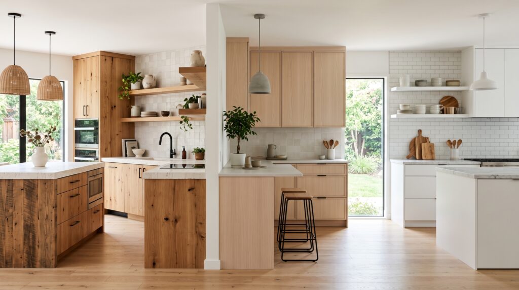 Organic Modern Kitchen Ideas with Natural Materials Organic modern kitchen with warm oak cabinets beside Japandi and Scandi kitchens showing contrast in warmth and texture