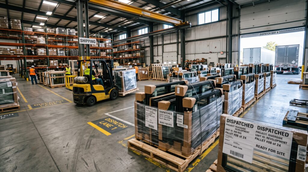 How to Buy Windows From China Complete Guide for Project Buyers Organized pallets of finished custom windows packed in a warehouse ready for project dispatch