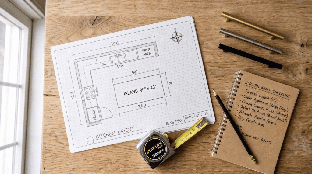 Corner Kitchen Cabinet Ideas for Better Storage Overhead flatlay of a kitchen floor plan sketch, tape measure, three hardware pull samples and a checklist notepad on oak