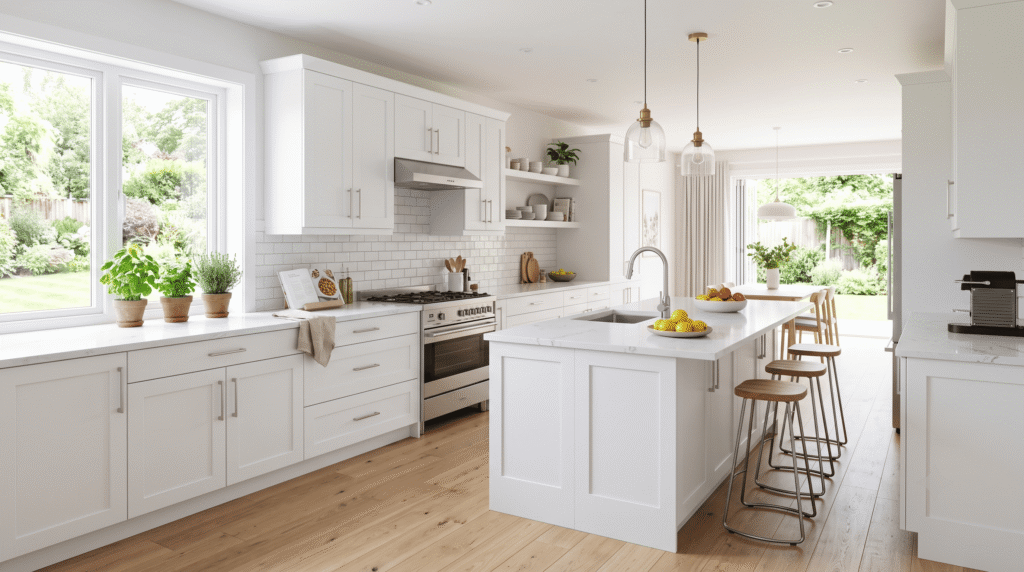 MDF Kitchen Cabinets Pros Cons and Best Uses Painted white MDF kitchen cabinets with smooth shaker doors in a bright modern kitchen