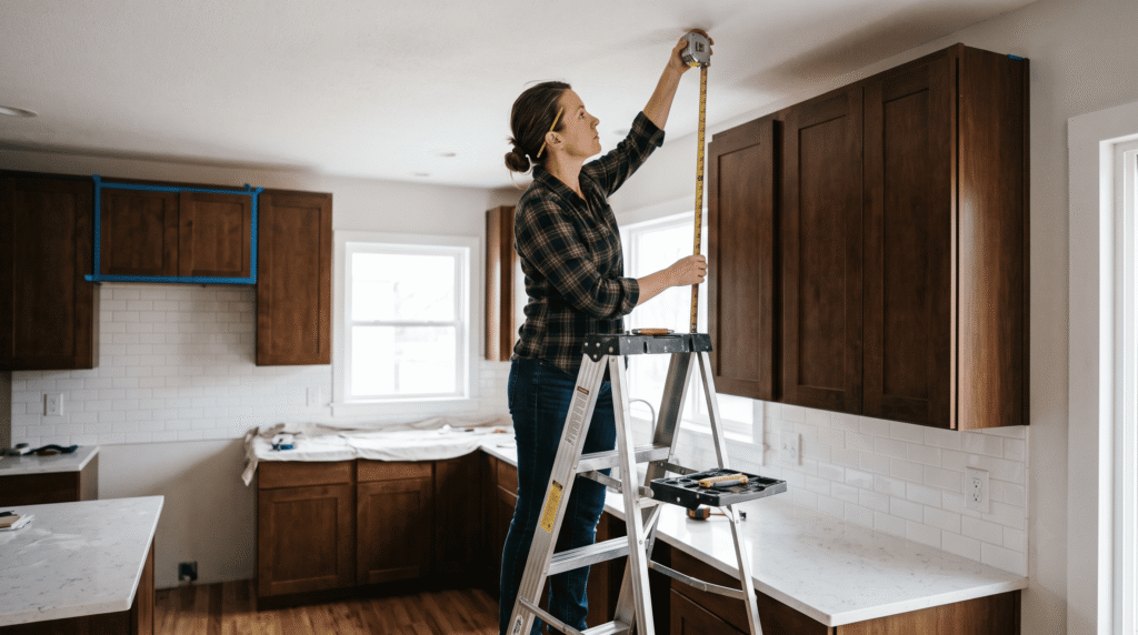 Above Kitchen Cabinet Decor Ideas for a Stylish Kitchen Person on a step ladder measuring the gap above kitchen cabinets with a tape measure