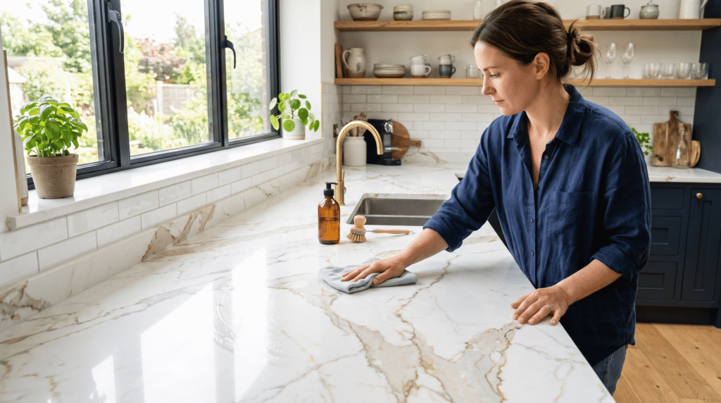 Calacatta Gold Quartz Kitchen Design and Buying Guide Person wiping a polished Calacatta gold quartz countertop with a damp cloth, bright kitchen interior, natural daylight from a window above.