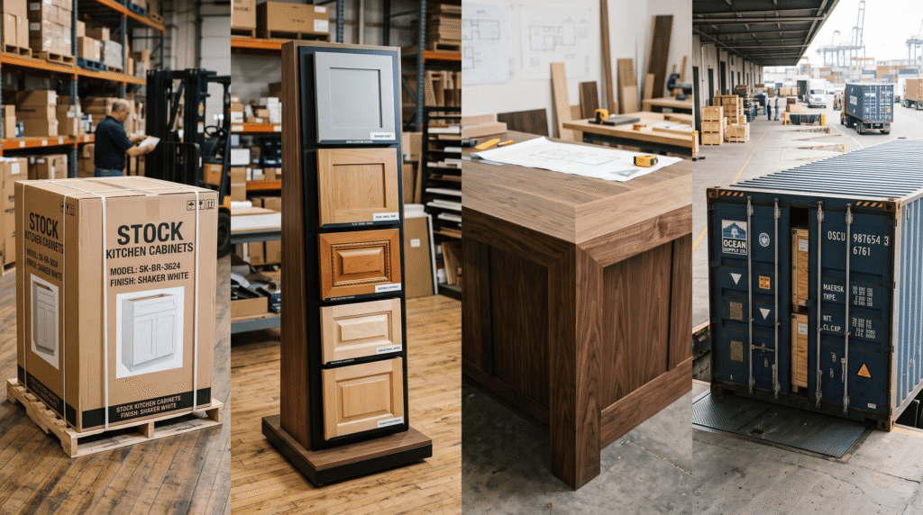 Best Kitchen Cabinet Manufacturers for Quality and Value Photo showing four cabinet supply types a stock box, semi-custom door samples, a custom mitred corner and a shipping container