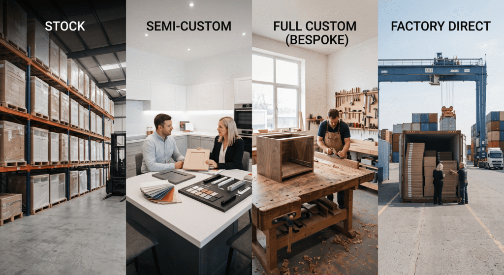Best Kitchen Cabinet Manufacturers for Quality and Value Photo showing four cabinet supply types as labelled columns stock, semi-custom, full custom and factory direct