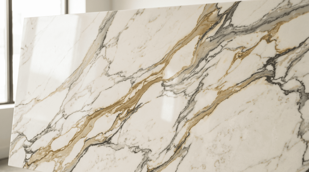 Calacatta Gold Quartz Kitchen Design and Buying Guide Polished Calacatta gold quartz slab close-up showing a warm white background with bold gold and grey veining, natural studio light.