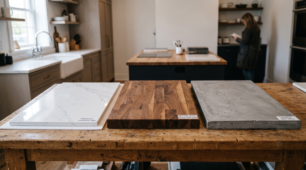 Best Kitchen Countertop Materials in 2026: Compared by Cost, Durability and Style Porcelain slab, butcher block wood, and concrete countertop samples shown together as alternative kitchen surface options.