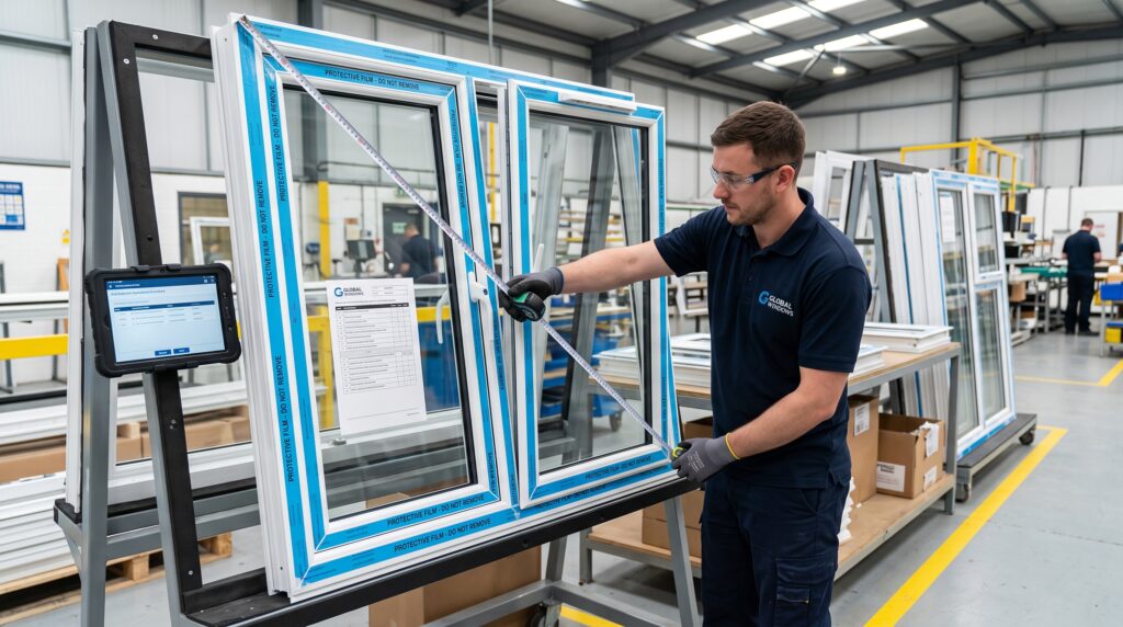 How to Buy Windows From China Complete Guide for Project Buyers Pre-shipment quality inspection checking window diagonal dimensions, sash operation, and protective film in the factory