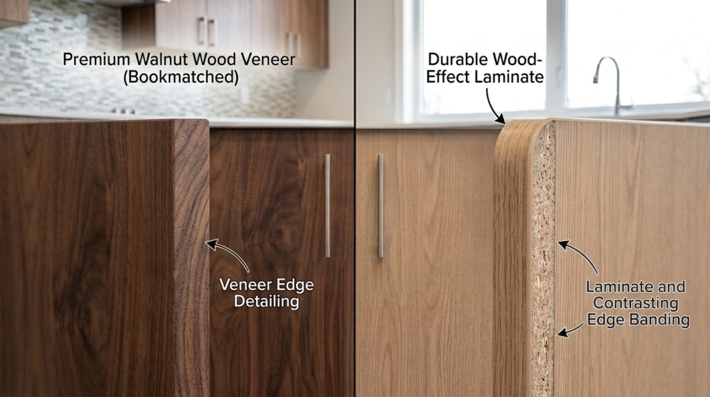 Flat Panel Kitchen Cabinets Materials and Design Guide Premium wood veneer flat panel cabinet next to budget laminate version showing quality and edge finish difference