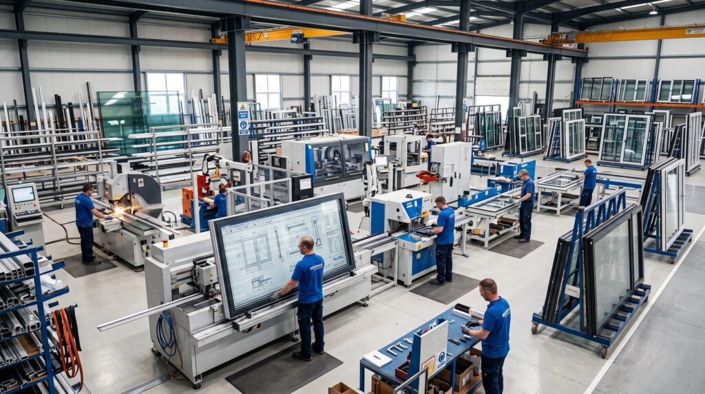 How to Buy Windows From China Complete Guide for Project Buyers Professional window manufacturing factory with automated CNC aluminum cutting machines and clean assembly lines