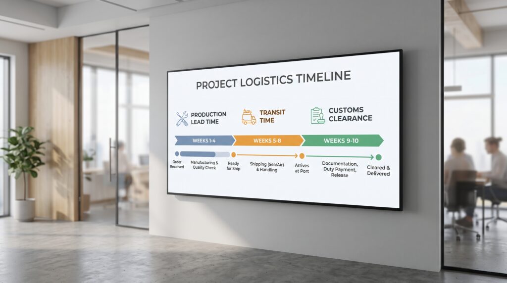 How to Buy Windows From China Complete Guide for Project Buyers Project timeline schedule infographic showing production lead time, transit time, and customs clearance stages