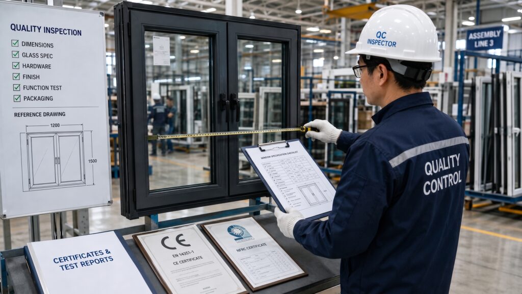 How to Buy Windows From China Complete Guide for Project Buyers Quality control inspector verifying window specifications and certifications in an international manufacturing plant
