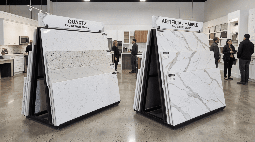 Best Kitchen Countertop Materials in 2026: Compared by Cost, Durability and Style Quartz and artificial marble engineered stone countertop slabs displayed side by side in a showroom setting.