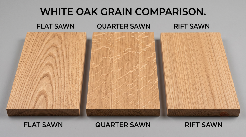 Rift Sawn White Oak Cabinets: What Makes Them Different and Worth It? Rift sawn vs flat sawn vs quarter sawn white oak grain comparison