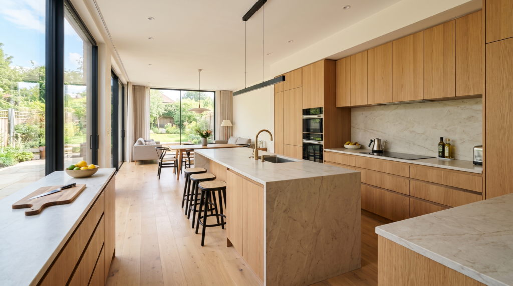Rift Sawn White Oak Cabinets: What Makes Them Different and Worth It? Rift sawn white oak kitchen with flat panel cabinets and stone worktop