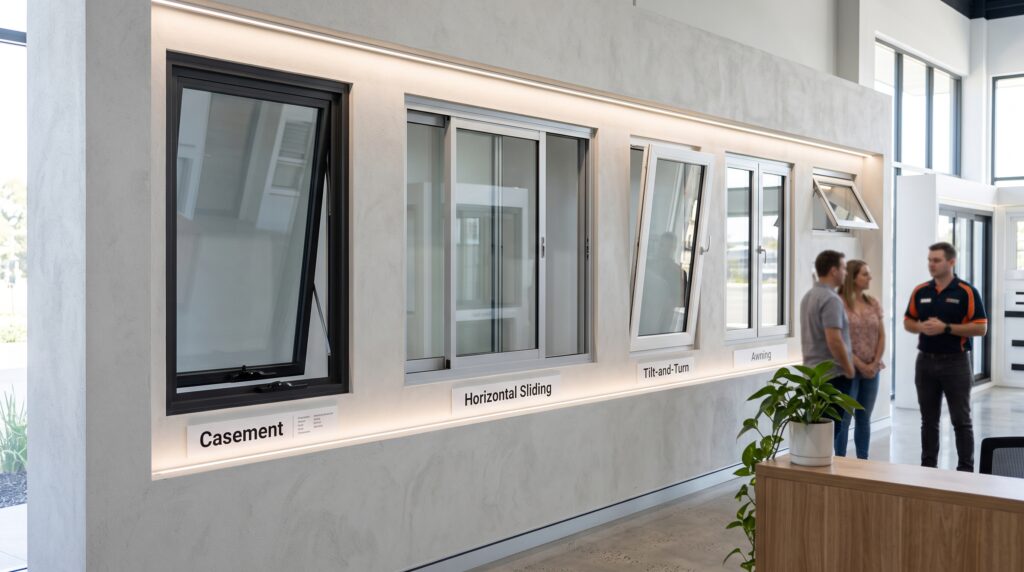 How to Buy Windows From China Complete Guide for Project Buyers Showroom wall displaying various operating window types including casement, sliding, and tilt-and-turn units