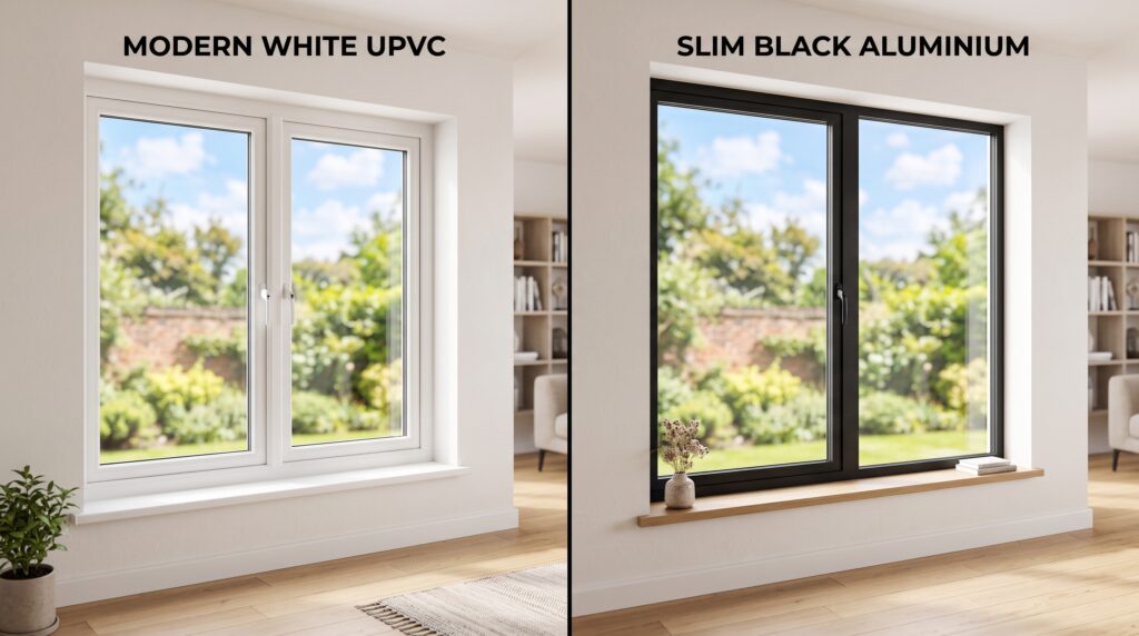 PVC vs Aluminum Windows Which Frame Is Better for Your Project Side-by-side comparison of a modern white uPVC window frame and a slim black aluminum window frame in a bright room
