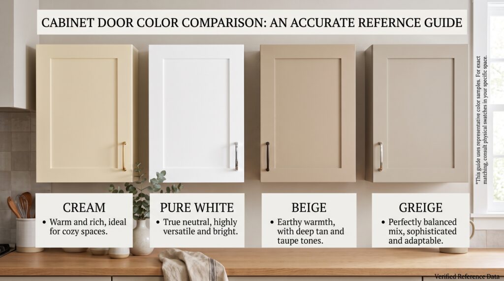 Cream Kitchen Cabinets Design Ideas and Colour Pairings Side by side comparison of cream, off white, beige and greige cabinet doors showing undertone differences