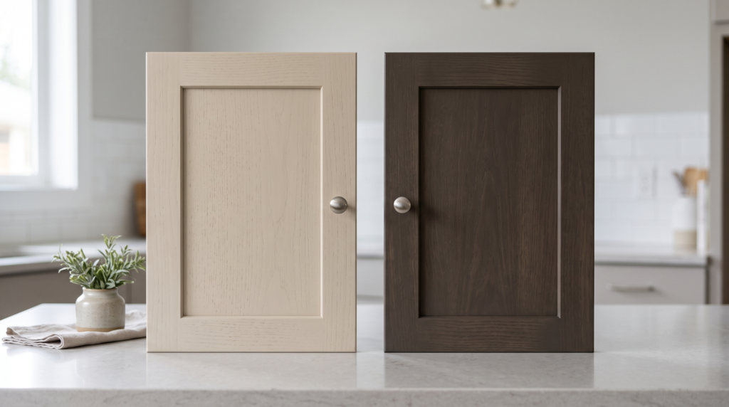 Taupe Kitchen Cabinets: Color Ideas, Pairings and Design Tips Side-by-side light sandy taupe and dark coffee-brown taupe kitchen cabinet door samples on a neutral background showing the tonal contrast