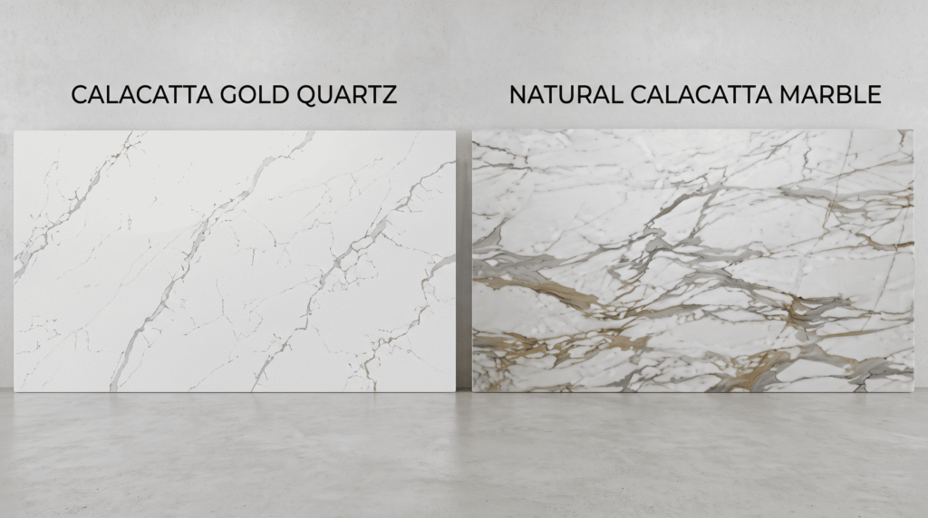 Calacatta Gold Quartz Kitchen Design and Buying Guide Side-by-side of a Calacatta gold quartz slab and a natural Calacatta marble slab on a light grey surface, showing veining and texture differences.
