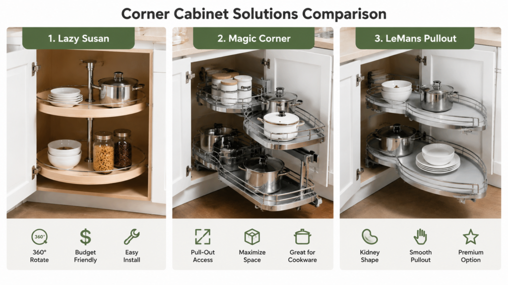 Corner Kitchen Cabinet Ideas for Better Storage Side-by-side studio comparison of a lazy Susan, magic corner and LeMans pullout, each mechanism open and fully extended.