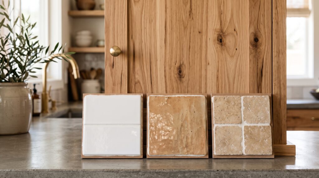 Colour Schemes with Hickory Cabinets for a Balanced Kitchen Simple subway tile, warm zellige and limestone backsplash samples shown against a hickory cabinet door