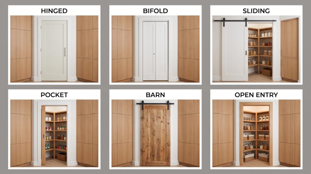 Corner Pantry Ideas with Practical Dimensions and Layouts Six corner pantry door options shown as flat elevations including hinged bifold sliding pocket barn and open entry