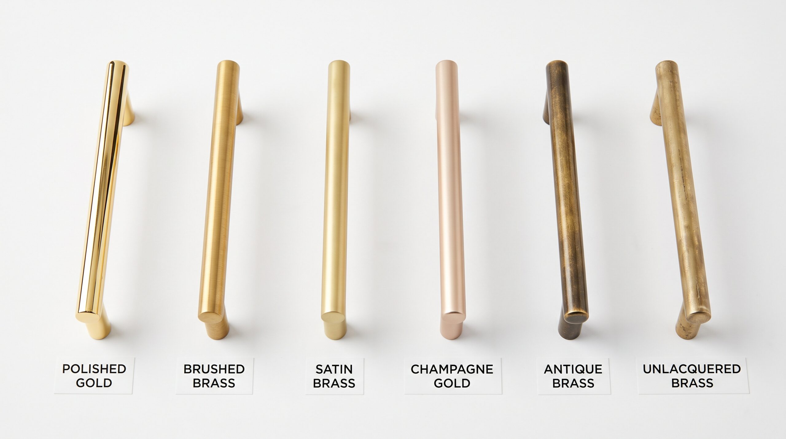 White and Gold Kitchen Ideas for a Warm Luxury Look Six hardware pulls side by side polished gold, brushed brass, satin brass, champagne gold, antique brass and unlacquered brass, white background.