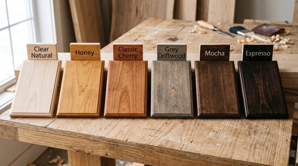 Natural Maple Cabinets Stain Options and Design Ideas Six maple cabinet stain samples from clear natural and honey through grey and espresso shown side by side