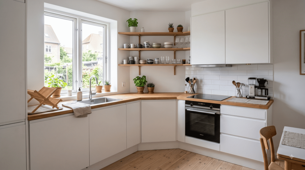 Corner Kitchen Cabinet Ideas for Better Storage Small L-shaped kitchen with open floating corner shelves and a diagonal corner base cabinet, white flat-panel cabinetry.