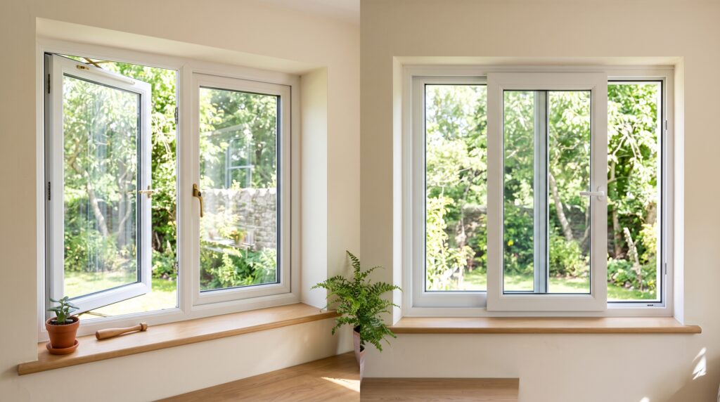 Casement vs Sliding Windows Which Is Better for Your Project Split comparison view of an outward-opening hinged casement window next to a space-saving sliding glass window