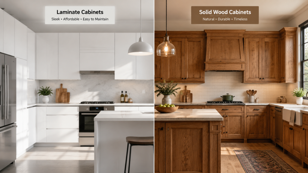 Laminate Kitchen Cabinets: Pros, Cons, Costs and Design Options Split kitchen view comparing white laminate cabinets on one side with natural solid wood cabinets on the other, illustrating laminate vs wood cabinets.