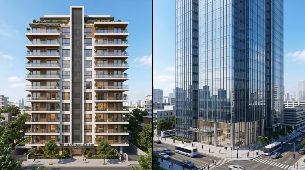 PVC vs Aluminum Windows Which Frame Is Better for Your Project Split view of a modern residential apartment building and a commercial glass facade project