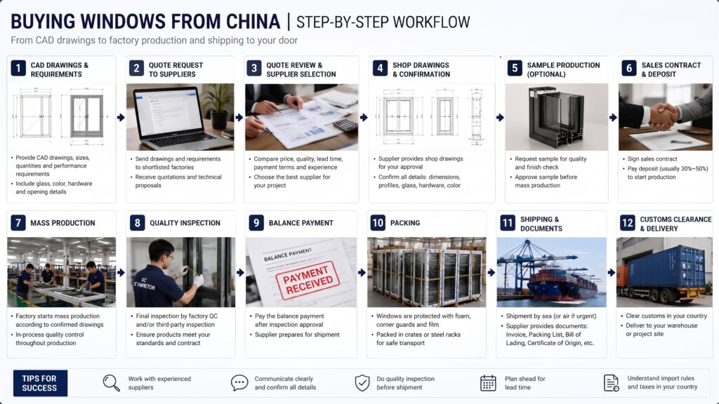 How to Buy Windows From China Complete Guide for Project Buyers Step-by-step workflow concept of buying windows from China from CAD drawings to factory production and shipping