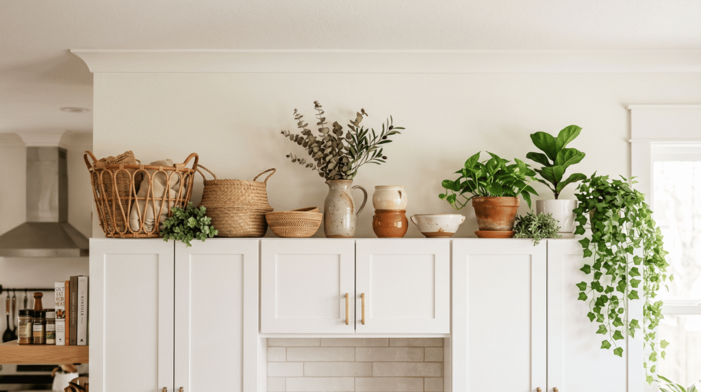 Above Kitchen Cabinet Decor Ideas for a Stylish Kitchen Styled above kitchen cabinet decor with baskets ceramics and greenery on white cabinets