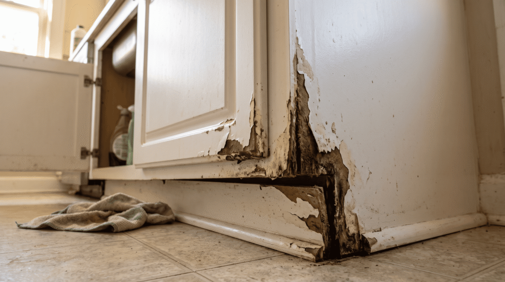 MDF Kitchen Cabinets Pros Cons and Best Uses Swollen and chipped bottom edge of an MDF cabinet near a sink showing water damage