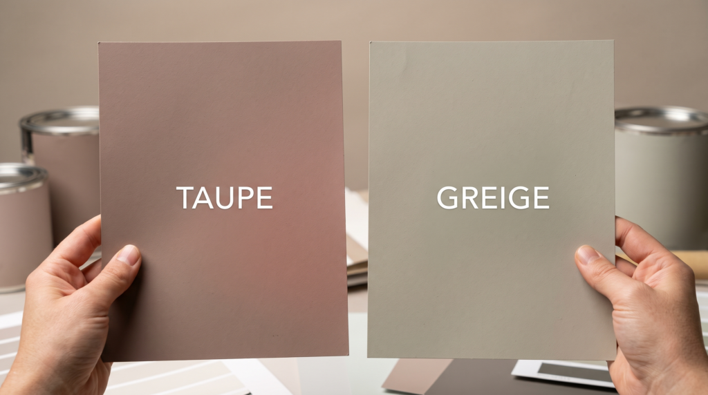 Taupe Kitchen Cabinets: Color Ideas, Pairings and Design Tips Taupe and greige paint swatch samples held side by side in warm studio lighting showing the warmer brown-grey versus cooler grey-beige undertone difference