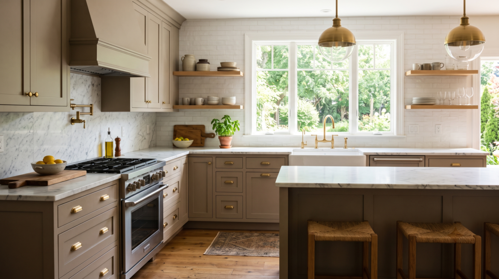 Taupe Kitchen Cabinets: Color Ideas, Pairings and Design Tips Taupe kitchen cabinets with white marble countertops and brushed brass hardware, warm residential kitchen in natural light