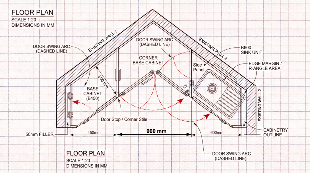 Corner Kitchen Cabinet Ideas for Better Storage Technical floor plan of a corner kitchen cabinet layout with door swing arcs, filler panels and 900 mm dimension callouts.