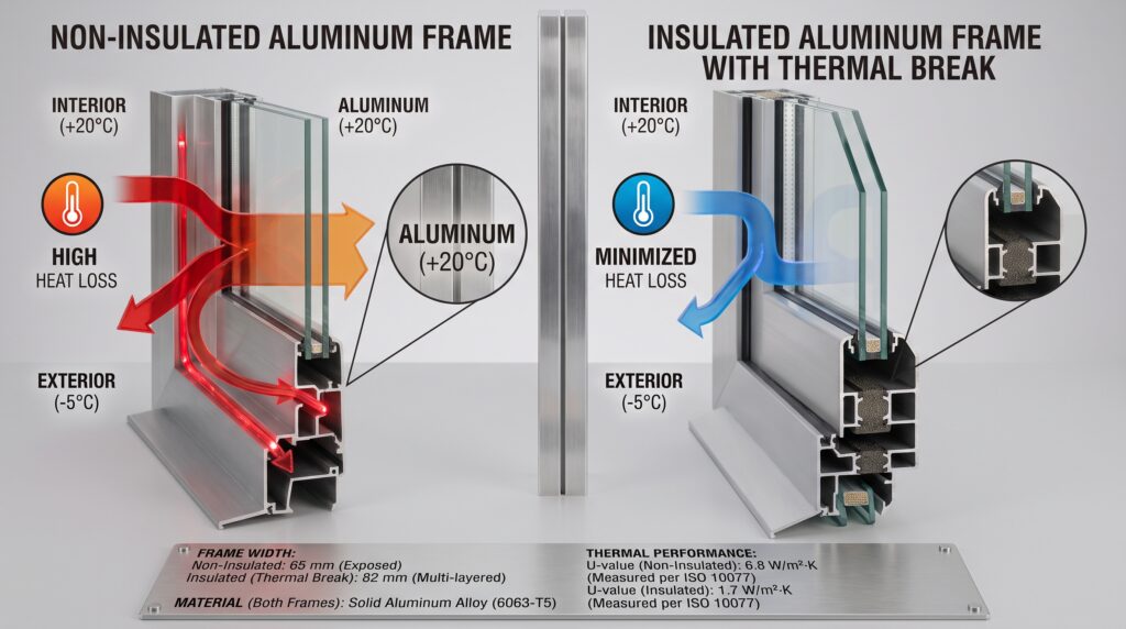 How to Buy Windows From China Complete Guide for Project Buyers Thermal performance testing diagram of an insulated window frame showing U-value and SHGC solar heat gain ratings