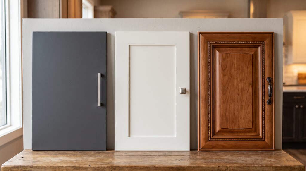 Flat Panel Kitchen Cabinets Materials and Design Guide Three door samples showing flat panel slab shaker and raised panel cabinet styles side by side