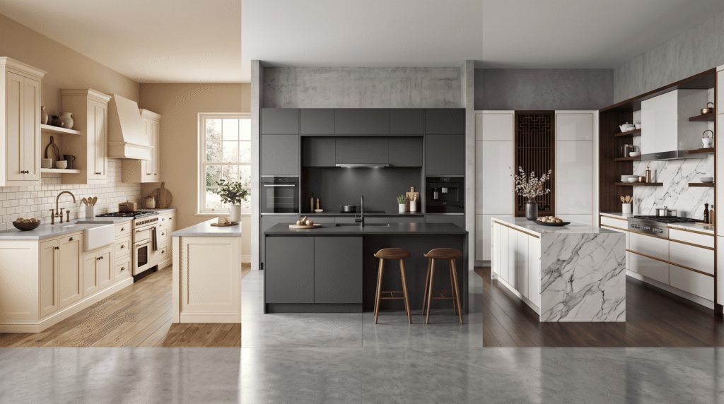 Best Kitchen Cabinet Manufacturers for Quality and Value Three kitchen vignettes side by side American Shaker in cream, European handleless in anthracite and Chinese lacquered white