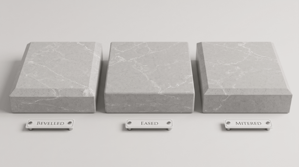 Calacatta Gold Quartz Kitchen Design and Buying Guide Three quartz countertop edge profiles side by side, eased, mitered and bevelled, on a pale grey background, close-up product photography.