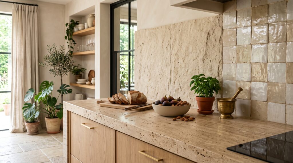 Organic Modern Kitchen Ideas with Natural Materials Travertine countertop, limestone backsplash and zellige tile in an organic modern kitchen showing natural stone texture