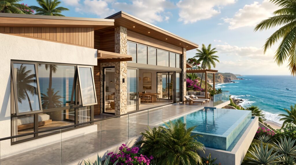 Casement vs Sliding Windows Which Is Better for Your Project Tropical coastal modern villa with corrosion-resistant sliding and casement glass windows overlooking the ocean