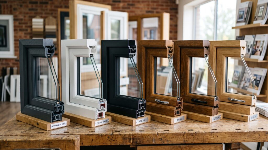 PVC vs Aluminum Windows Which Frame Is Better for Your Project Variety of window frame color samples including anthracite gray, white uPVC, matte black, and woodgrain finishes