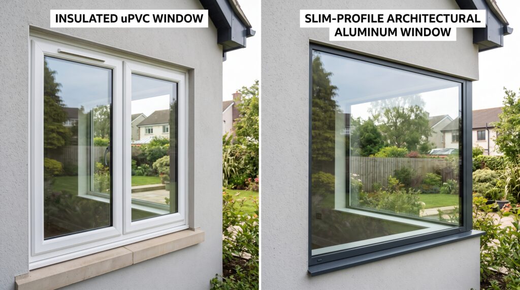 PVC vs Aluminum Windows Which Frame Is Better for Your Project Visual comparison of insulated uPVC window frame next to a slim-profile architectural aluminum window