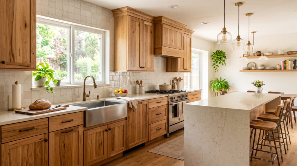 Colour Schemes with Hickory Cabinets for a Balanced Kitchen Warm hickory kitchen with cream quartz countertop, warm white walls and natural wood grain cabinet doors