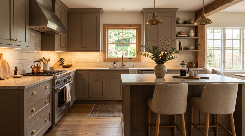 Taupe Kitchen Cabinets: Color Ideas, Pairings and Design Tips Warm taupe kitchen interior with shaker cabinets, stone countertops, and warm ambient lighting showing the grey-brown undertone of the cabinet color