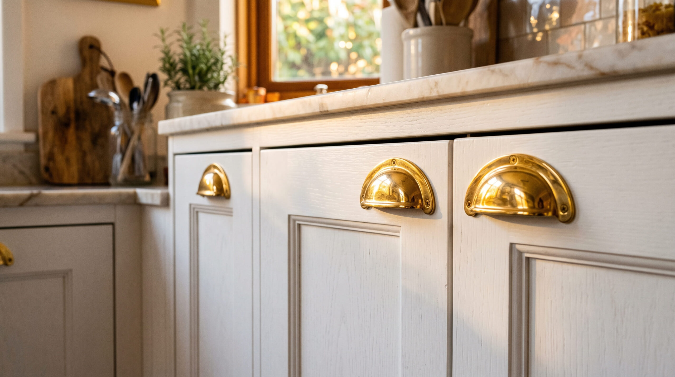 White and Gold Kitchen Ideas for a Warm Luxury Look White cabinet doors with polished gold cup handles catching warm light, kitchen interior close-up photography.