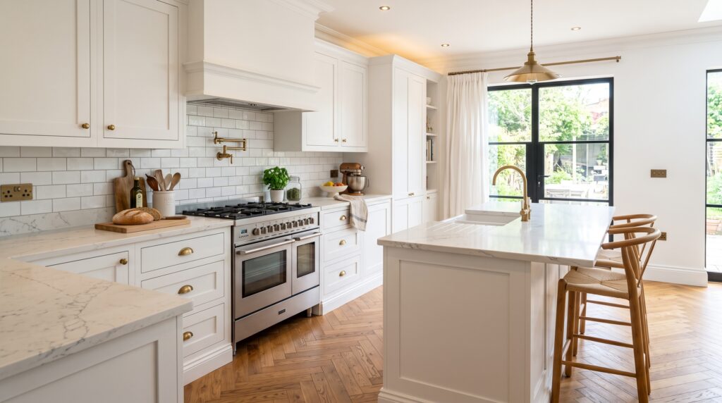 White and Gold Kitchen Ideas for a Warm Luxury Look White kitchen with a Calacatta quartz countertop, white tile backsplash and oak herringbone flooring, natural light from a window.